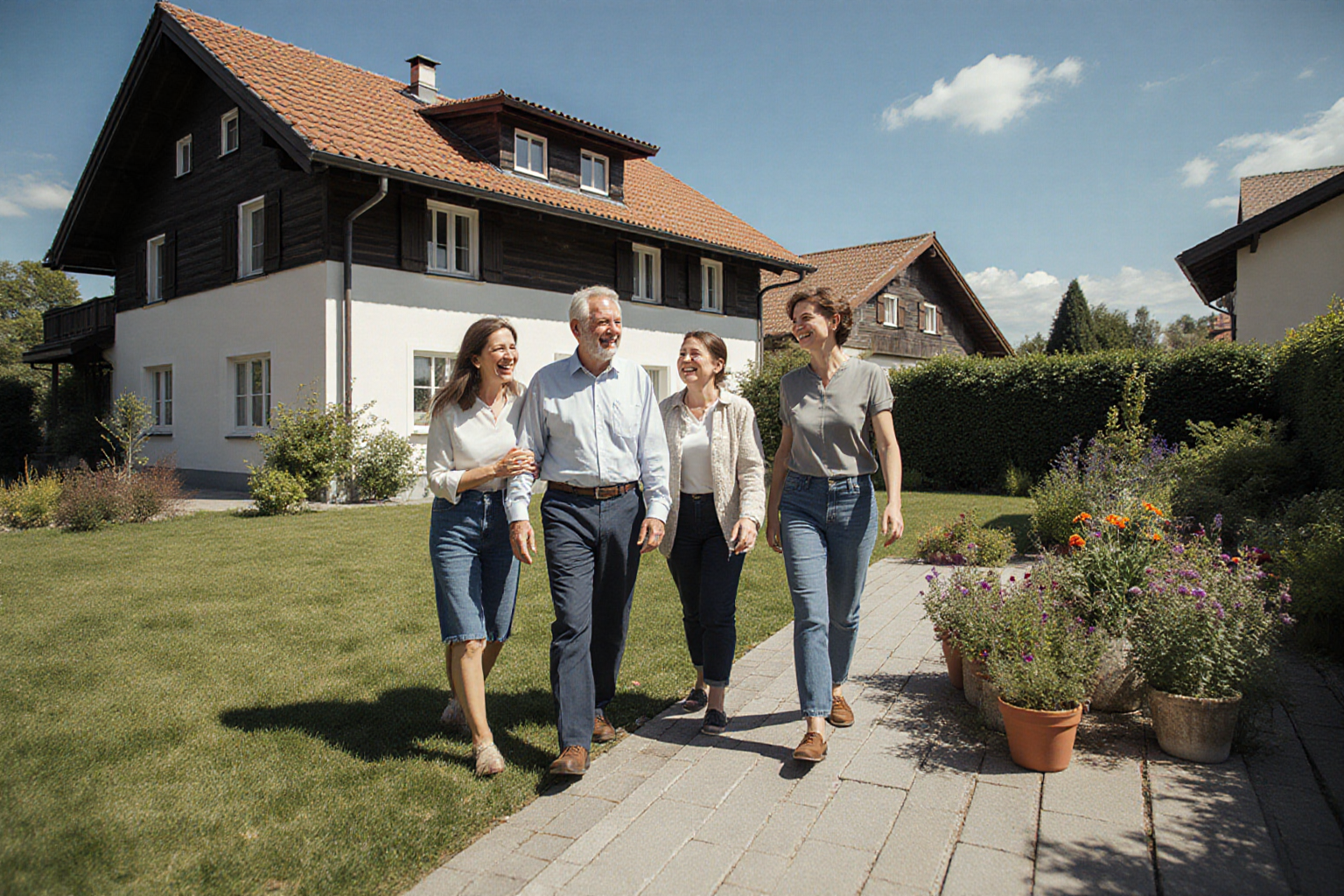 herzlicher gemeinsamer Familien-/Besichtigungsrundgang am normalen regionalen Haus mit Garten, vier vollständige Personen, plausible sichtbare Hände
