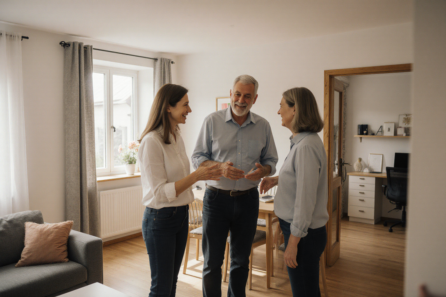 Gemeinsames Gespräch im Zuhause mit Wohn- und Arbeitsbereich